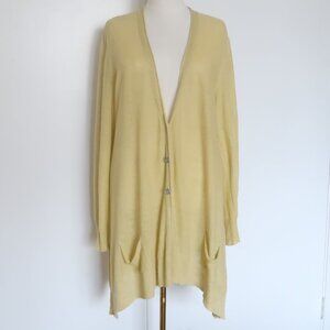 Eileen Fisher 100% Linen Long Cardigan Sweater Light Yellow Button Front Size L